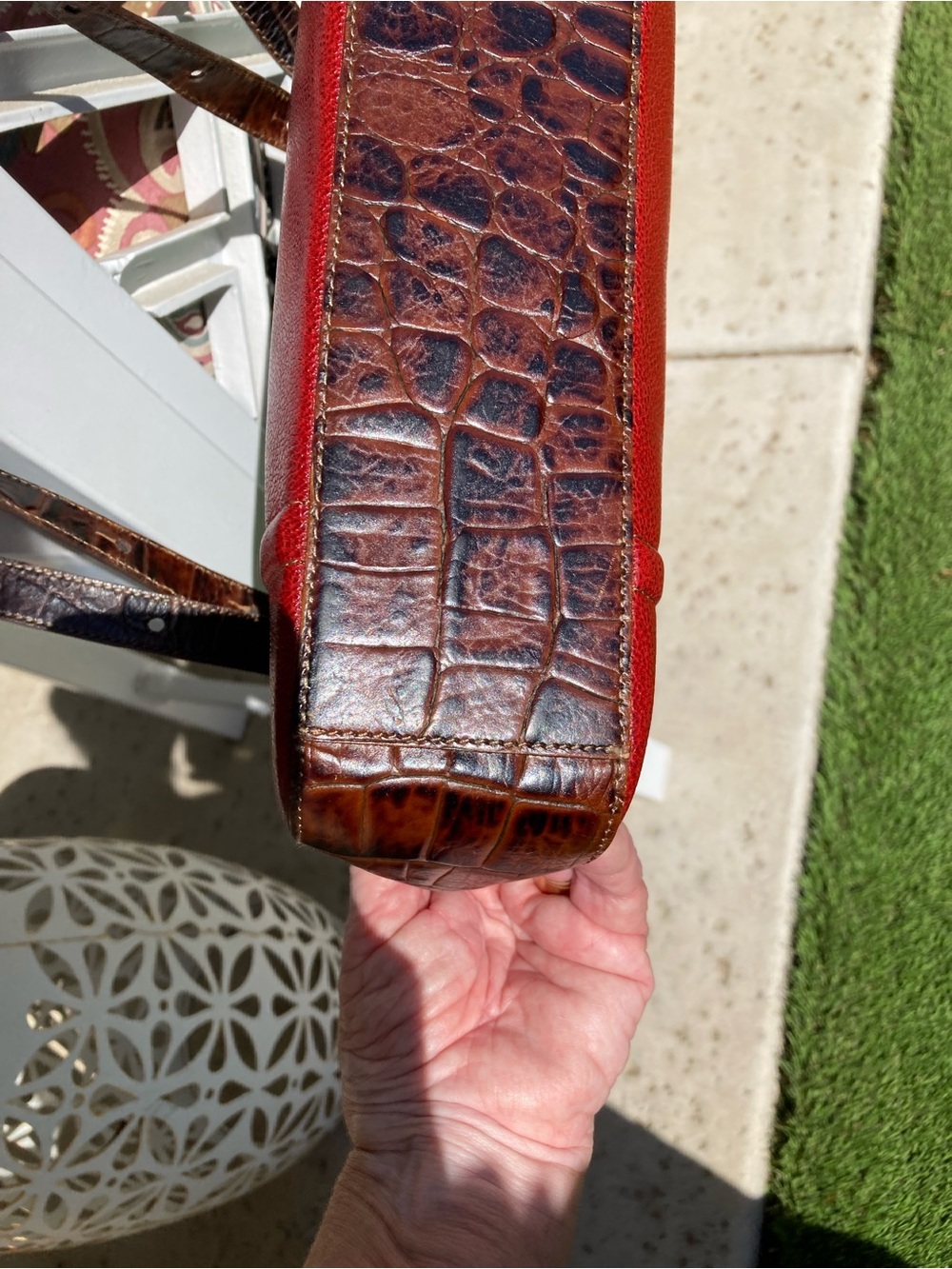 Brahmin Red Shoulder Bag w/Brown Leather Croc-Embossed Trim - Picture 3 of 13